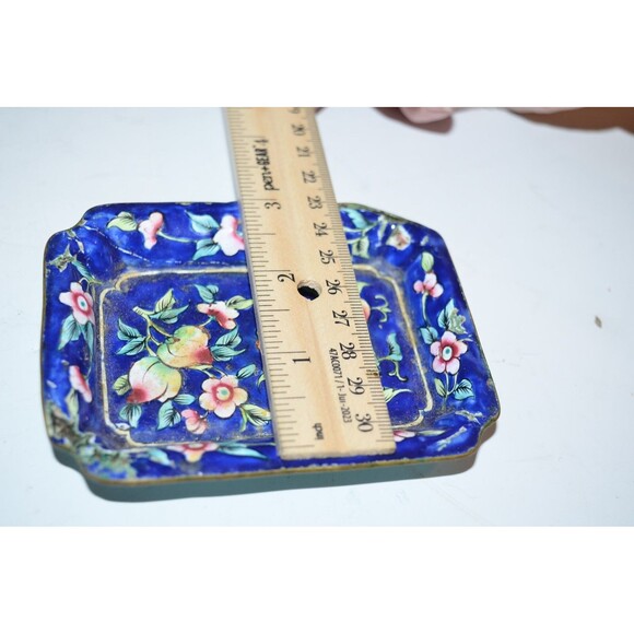 Vtg Chinese Enamel  Dish Flaws 4" Hand painted blue floral crazing rectangle - Picture 7 of 7